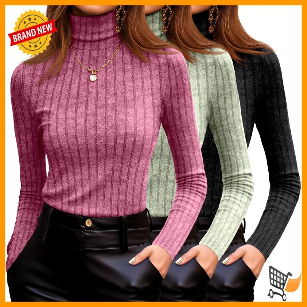 Ribbed Turtleneck Pullover Sweaters Slim Fit Long Sleeve Knit Tops 3 Pack